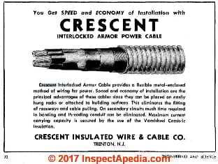 Crescent Wire Company flexible armored cable wiring ad at InspectApedia.com